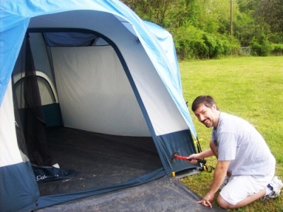 Briam setting up a tent